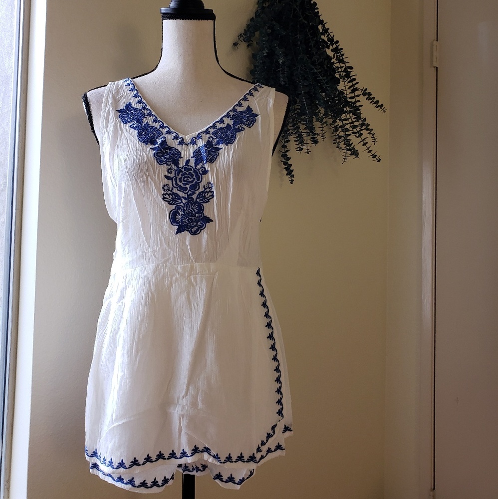 NWT Royal Blue Embroidered White Romper Skirt